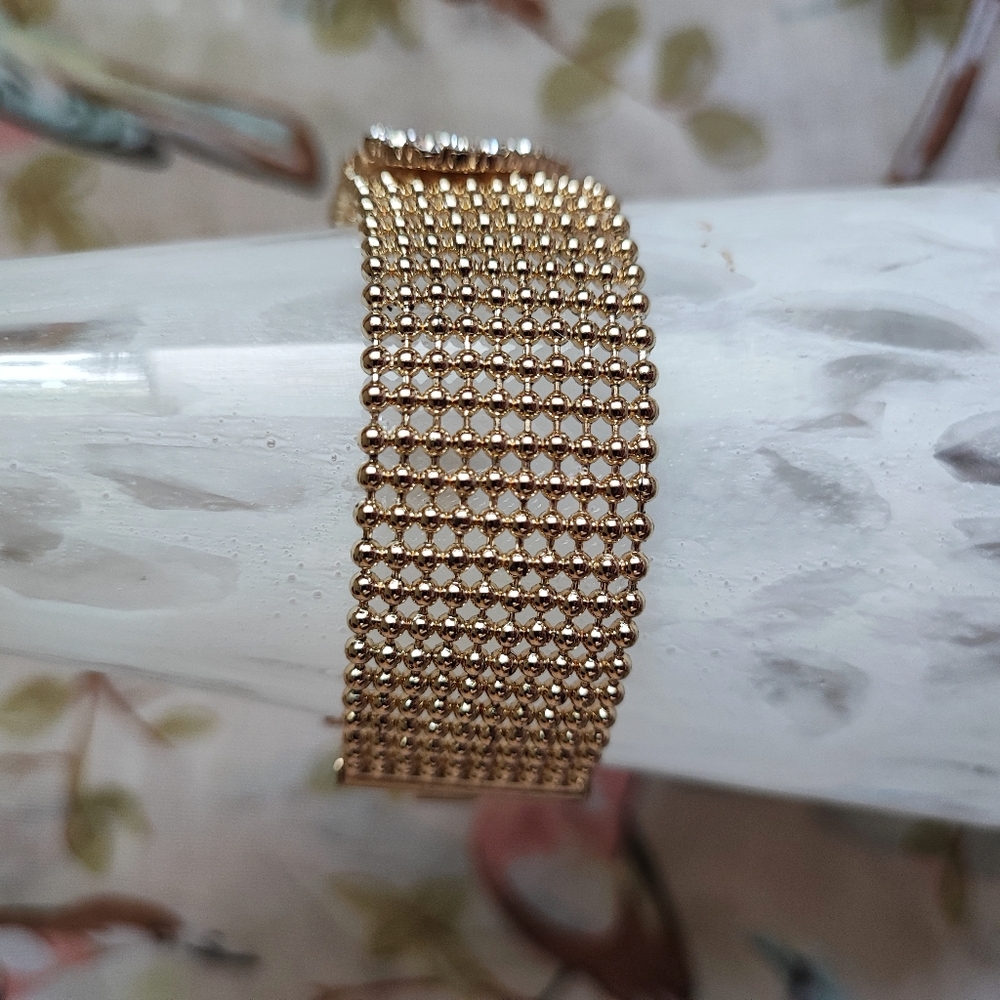 Gold Tone Vintage Ball Mesh Clear Crystal Heart Bracelet Extra Link NIB NWT - Picture 6 of 14